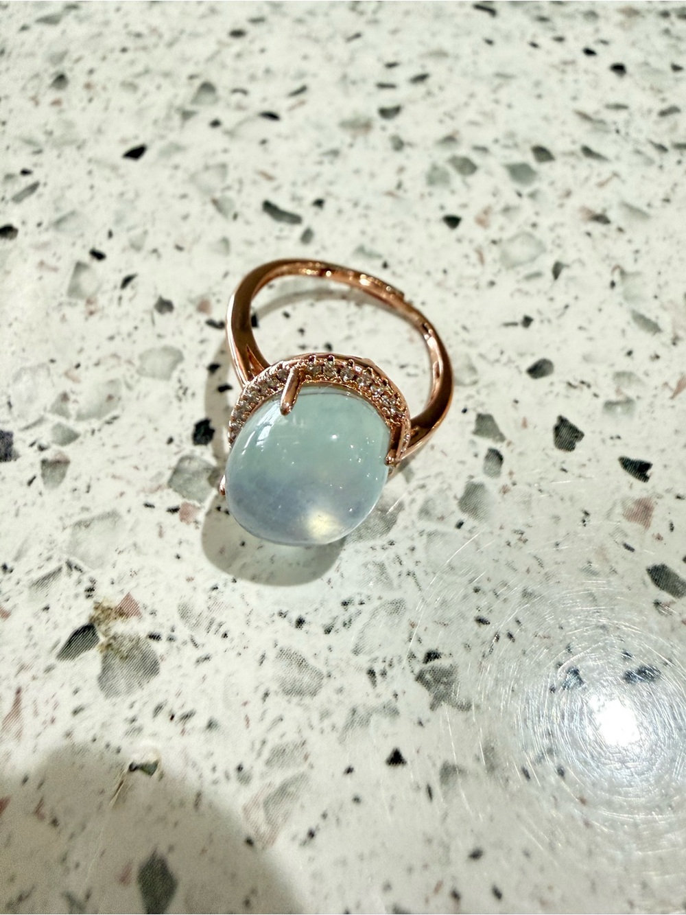 Pale Blue Aquamarine Cabochon Ring,Rose Gold Plated Halo Crystal Ring